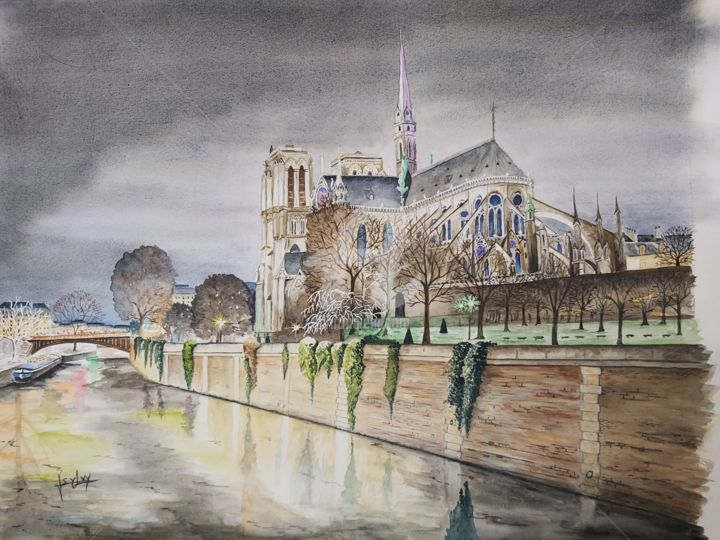 Malerei mit dem Titel "Notre-Dame-De-Paris" von Sylvy Aquarelles, Original-Kunstwerk, Aquarell