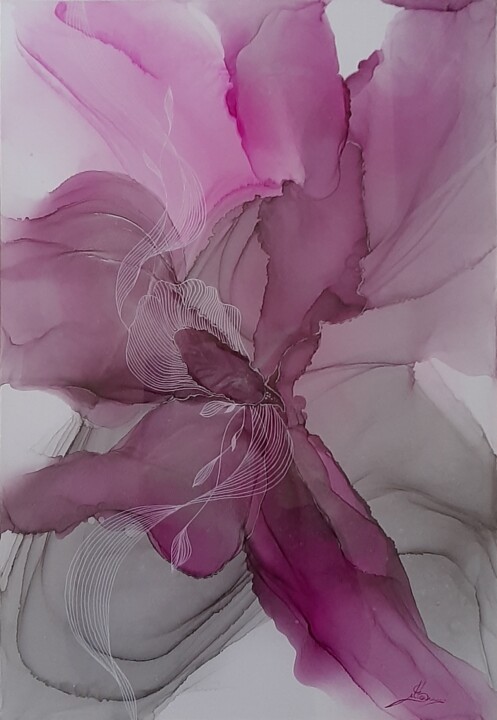 Painting titled ""Pink flower"" by Sylwia Jastrzębska (Sillenn), Original Artwork, Ink