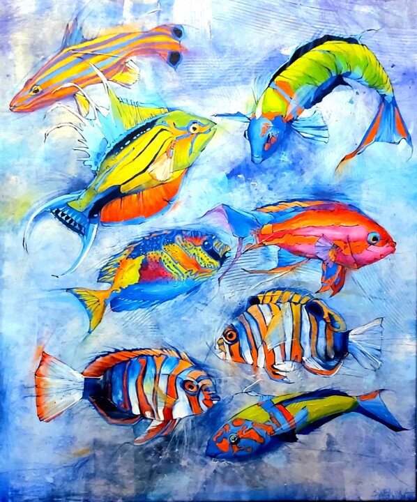 绘画 标题为“Fluo fish” 由Sylwia Wenska, 原创艺术品, 丙烯 安装在木质担架架上