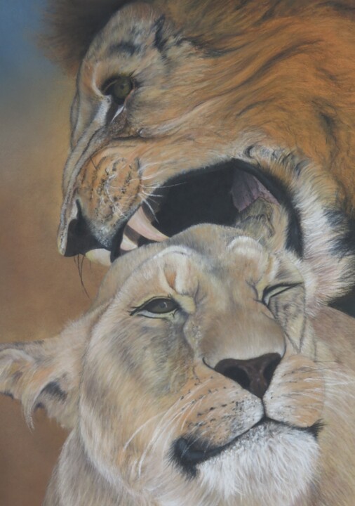 Painting titled "Les lions" by Symélia Art, Original Artwork, Pastel