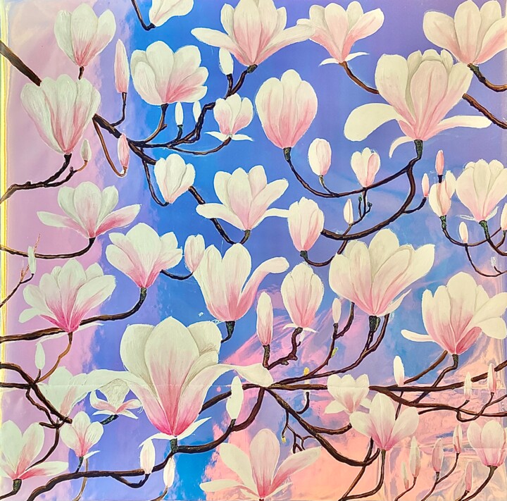 Painting titled "Magnolias sur fond…" by Syncope Mars, Original Artwork, Oil