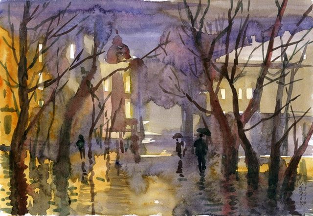 Картина под названием "Дождь в городе" - Syrov, Подлинное произведение искусства, Масло