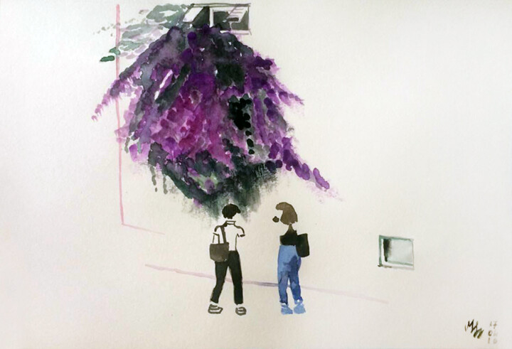 Pintura intitulada "Under the purple fl…" por Szabrina Maharita, Obras de arte originais, Aquarela
