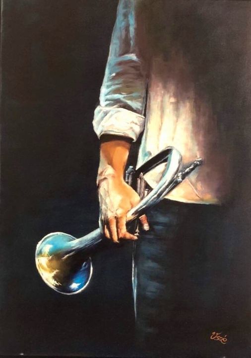 Painting titled "Trumpeter" by Éva Szakácsi, Original Artwork, Oil Mounted on Wood Panel