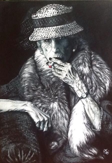 「Old Lady」というタイトルの絵画 Éva Szakácsiによって, オリジナルのアートワーク, オイル ウッドストレッチャーフレームにマウント