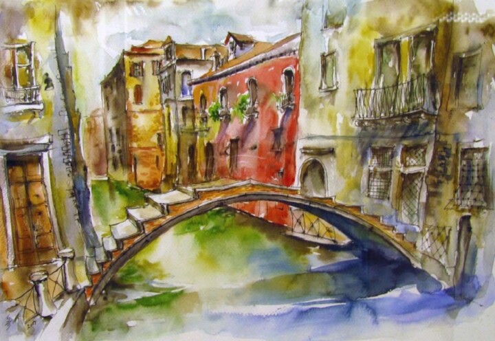 Painting titled "Venice 2" by Zsolt Székelyhidi, Original Artwork, Watercolor Mounted on Cardboard