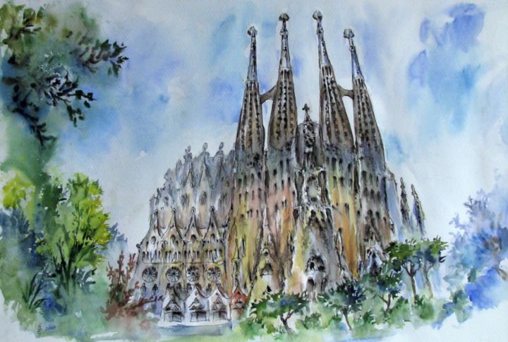 Malerei mit dem Titel "Sagrada Familia" von Zsolt Székelyhidi, Original-Kunstwerk, Aquarell