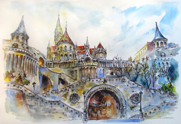 Painting titled "Budapest - Fisherma…" by Zsolt Székelyhidi, Original Artwork, Watercolor