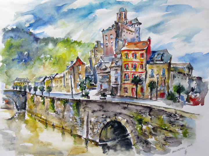 Pintura intitulada "Belcastel in France…" por Zsolt Székelyhidi, Obras de arte originais, Aquarela