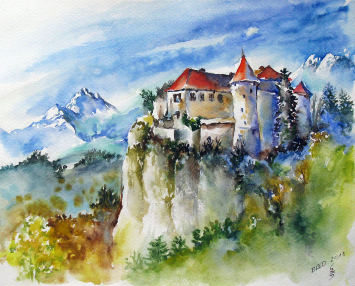 Painting titled "Bled castle - Slove…" by Zsolt Székelyhidi, Original Artwork, Watercolor
