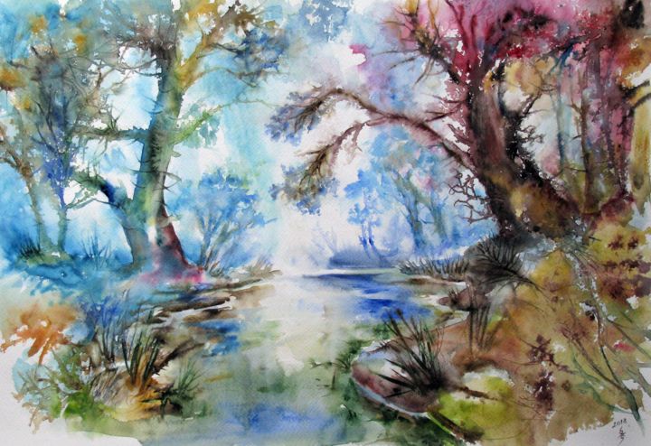 Painting titled "Forest" by Zsolt Székelyhidi, Original Artwork, Watercolor