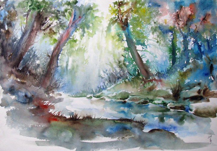 Painting titled "Summer forest" by Zsolt Székelyhidi, Original Artwork, Watercolor