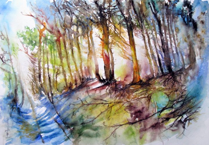 Painting titled "Old forest" by Zsolt Székelyhidi, Original Artwork, Watercolor