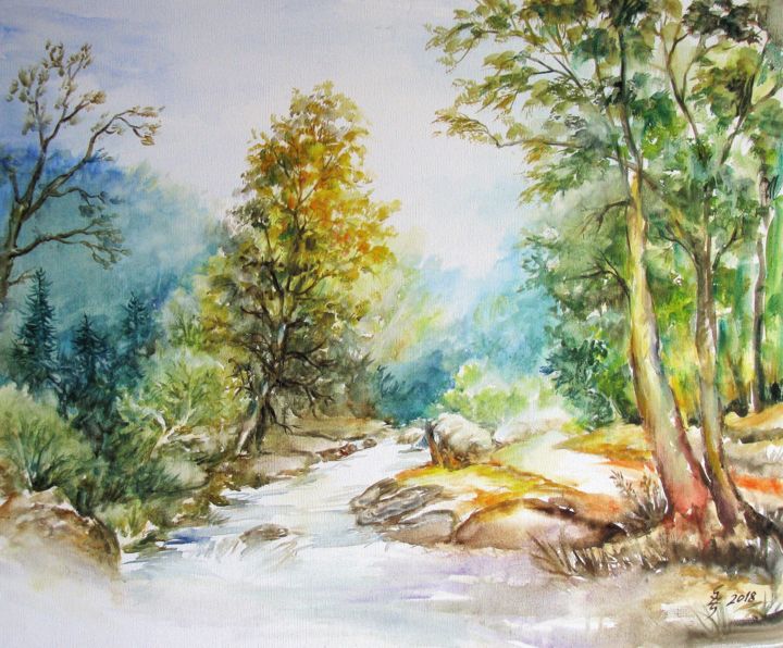 Schilderij getiteld "Forest stream No.3" door Zsolt Székelyhidi, Origineel Kunstwerk, Aquarel