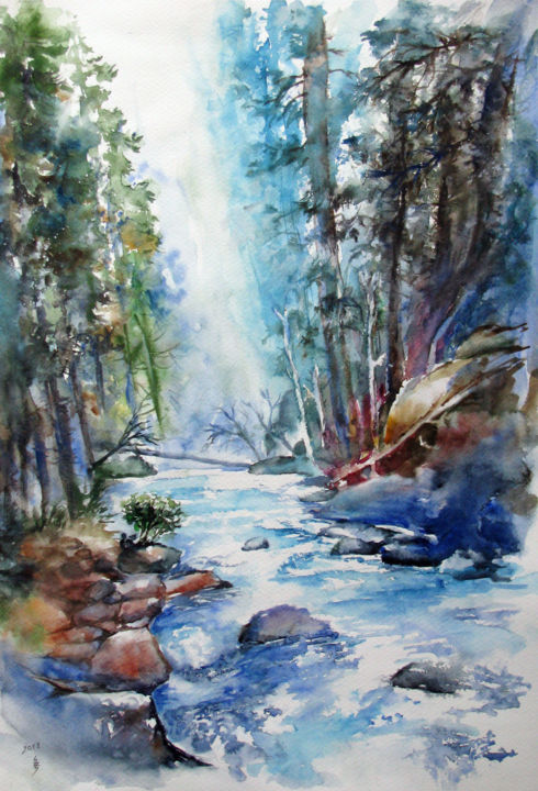 「Forest stream No.1」というタイトルの絵画 Zsolt Székelyhidiによって, オリジナルのアートワーク, 水彩画