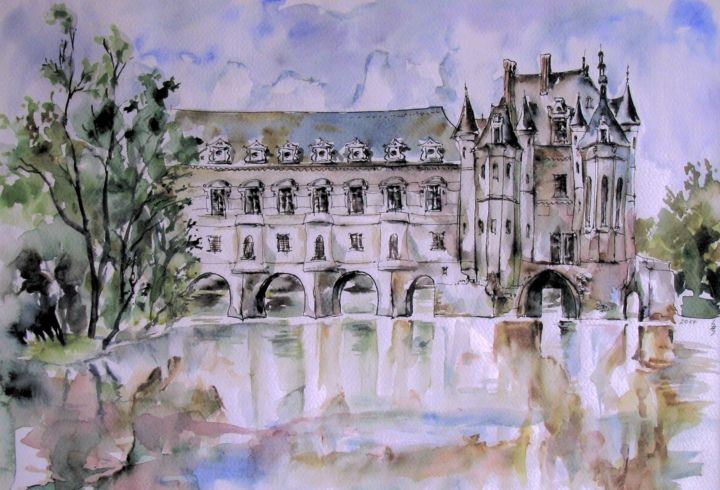 Painting titled "Chateau de Chenonce…" by Zsolt Székelyhidi, Original Artwork, Watercolor