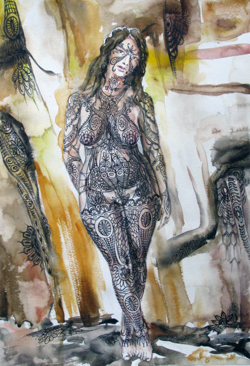 Peinture intitulée "Tattooed woman" par Zsolt Székelyhidi, Œuvre d'art originale, Aquarelle