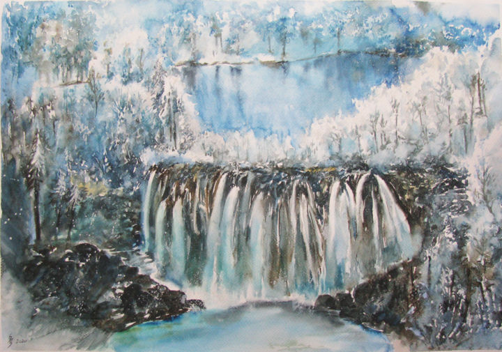Painting titled "Plitvice lake in wi…" by Zsolt Székelyhidi, Original Artwork, Watercolor