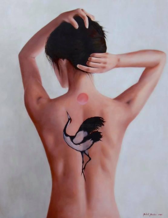 Картина под названием "Manchurian crane’s…" - Monika Bálint, Подлинное произведение искусства, Масло Установлен на Деревянна…