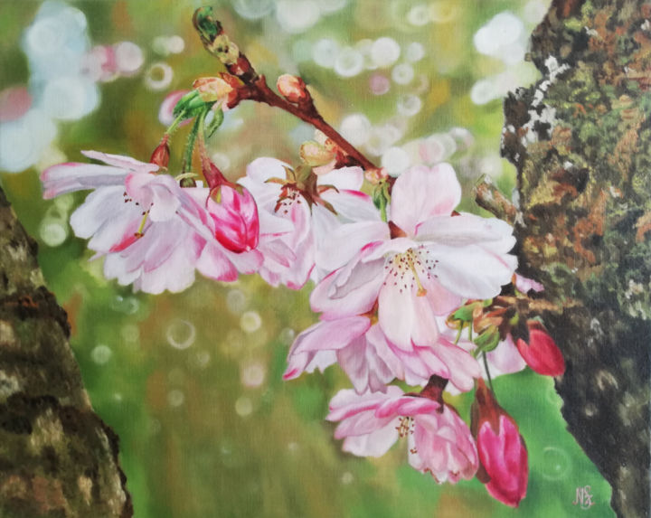 Painting titled "Cherry Blossoms/Cse…" by Szilvia Németh, Original Artwork, Oil