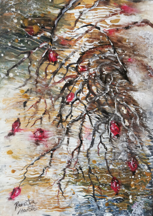 Painting titled "FROSTY ROSE HIP" by Renata Maroti, Original Art, Acrylic