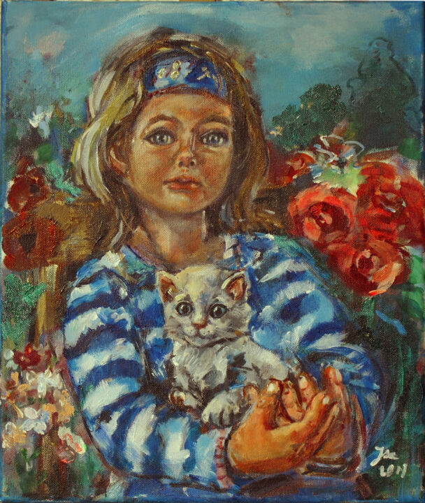 「Dziewczynka z kotki…」というタイトルの絵画 Jolanta Szymanowskaによって, オリジナルのアートワーク, アクリル