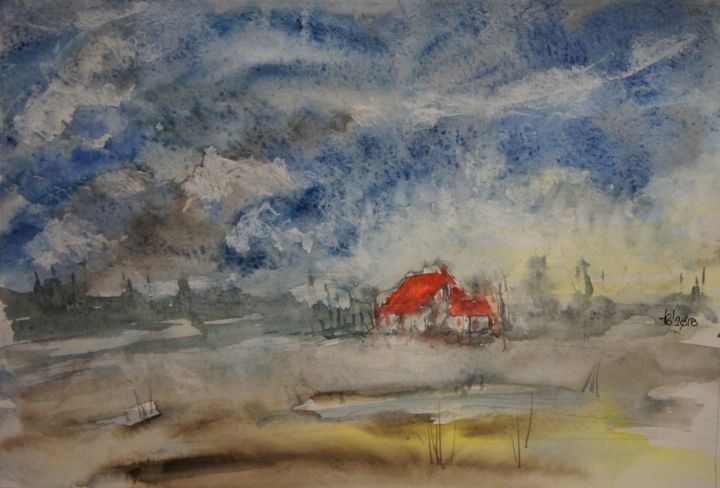 Painting titled "red roof" by Tb, Original Artwork, Watercolor