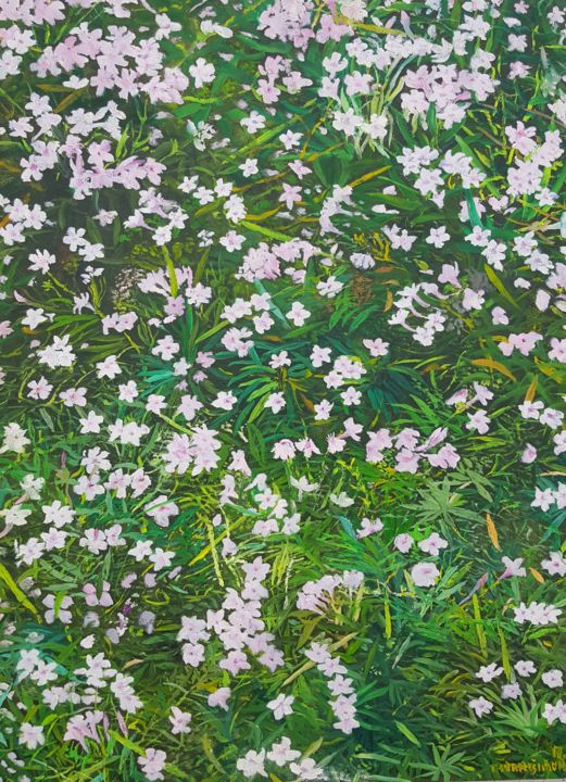 Painting titled "White Oleander" by Tomislav Ivanišin, Original Artwork, Oil Mounted on Other rigid panel