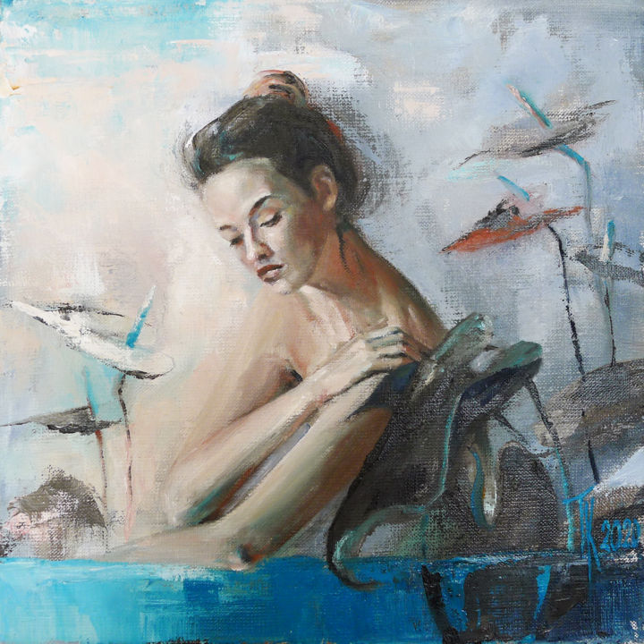 Painting titled "Awakening" by Tatyana Kaganets, Original Artwork, Oil Mounted on Wood Stretcher frame