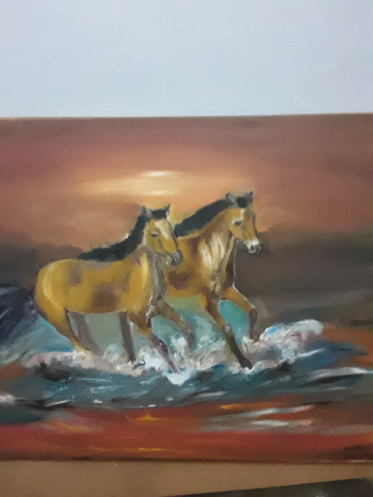 Painting titled "les deux chevaux" by Mohli Hamouche Taoues, Original Artwork, Acrylic
