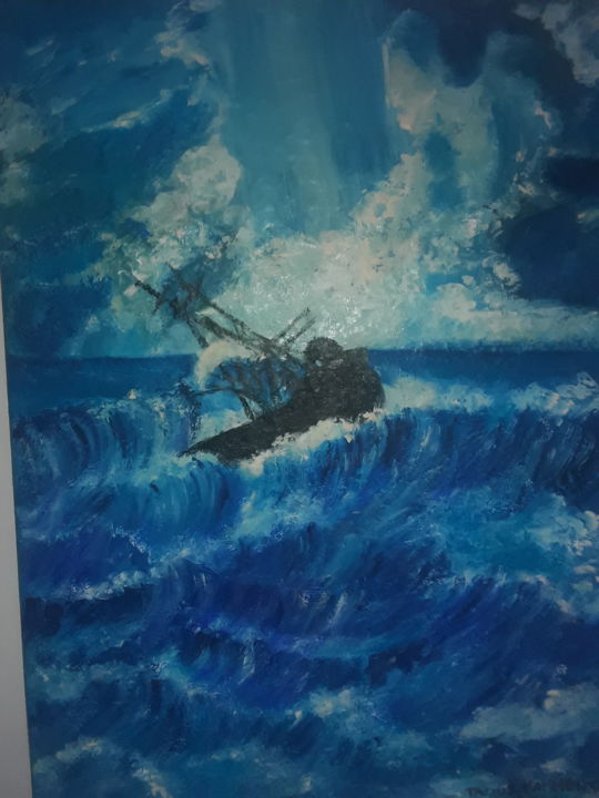Painting titled "bateaux en plein mè…" by Mohli Hamouche Taoues, Original Artwork, Acrylic