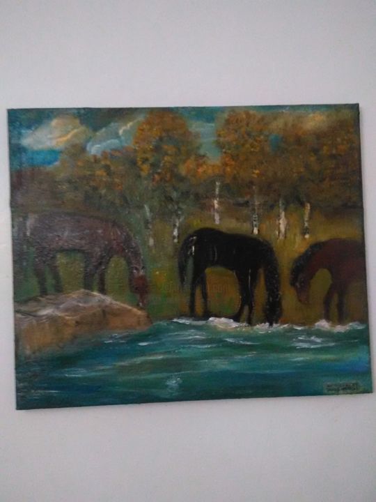 Painting titled "chevaux" by Mohli Hamouche Taoues, Original Artwork, Acrylic