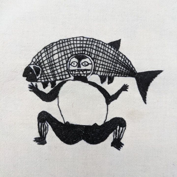 Arte tessile intitolato "Woman carrying fish…" da Tudorita Gherase, Opera d'arte originale, Ricamo Montato su Pannello di le…