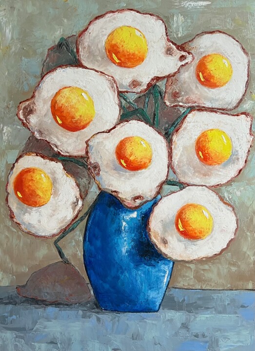 Painting titled "Egg flowers in blue…" by Ta Byrne, Original Artwork, Oil
