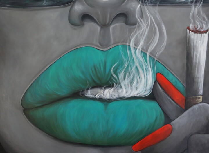 Malerei mit dem Titel "lady with green lips" von Ta Byrne, Original-Kunstwerk, Öl