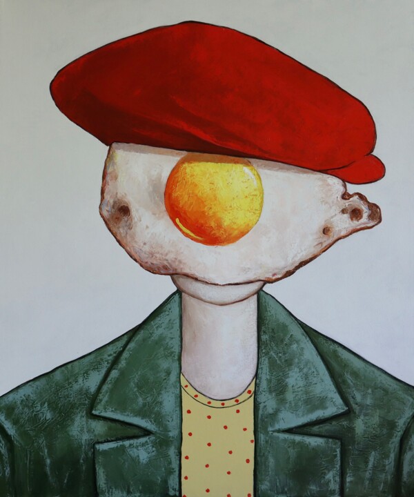 Painting titled "Egg boy in red hat" by Ta Byrne, Original Artwork, Oil