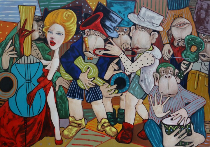 Schilderij getiteld "Trumpet player" door Ta Byrne, Origineel Kunstwerk, Olie