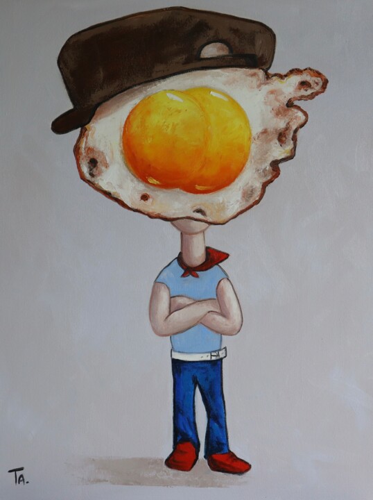 Schilderij getiteld "Egg boy in red shoes" door Ta Byrne, Origineel Kunstwerk, Olie