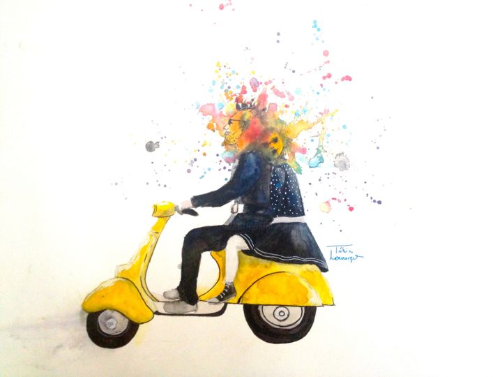 Painting titled "Yellow Bike" by Tabia Lourenço, Original Artwork, Watercolor