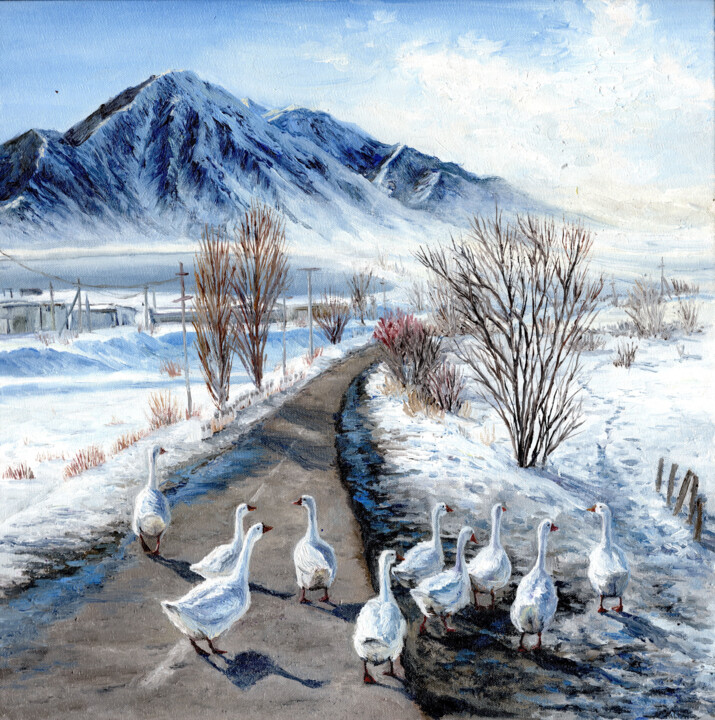 Peinture intitulée "Geese" par Tabimory, Œuvre d'art originale, Huile