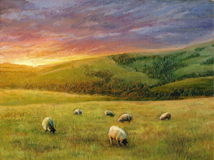 Peinture intitulée "sheep early in the…" par Tabimory, Œuvre d'art originale, Huile