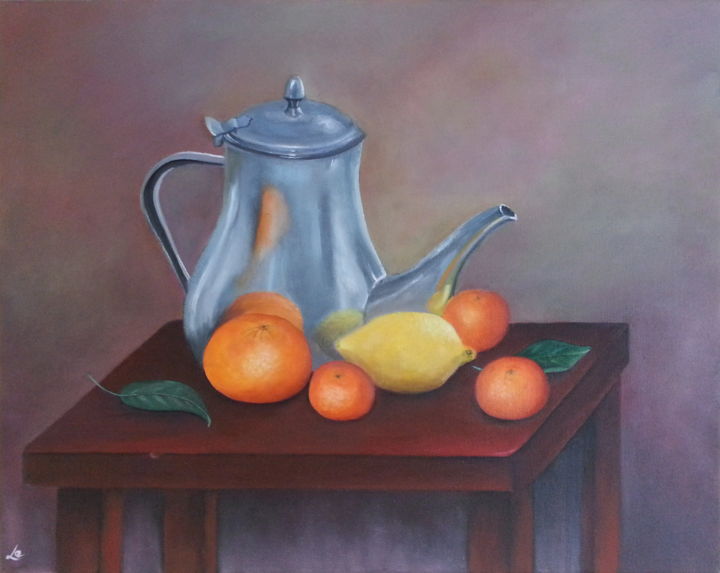 Painting titled "Théière aux fruits" by Emeric Lemoine, Original Artwork, Oil