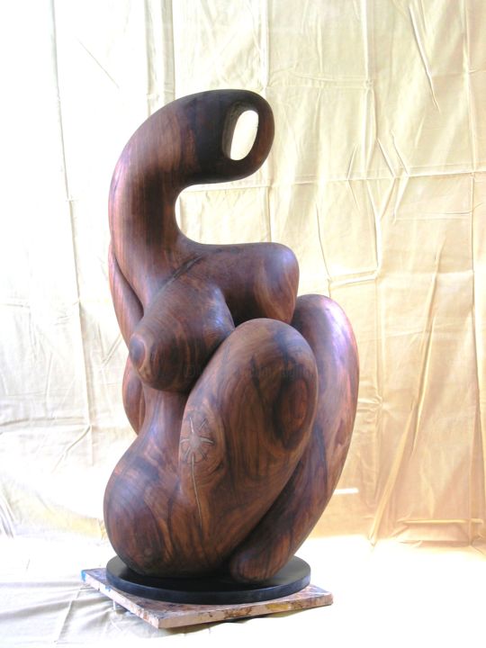 Sculpture titled "La Bretonne fleurie" by Georges Tag, Original Artwork, Wood