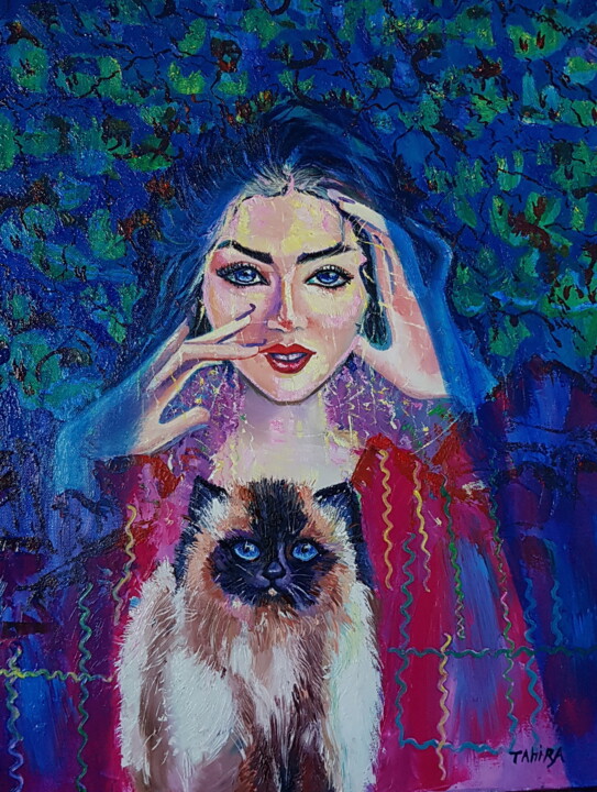 Painting titled "Femme et chat" by Tahira Quliyeva, Original Artwork, Oil