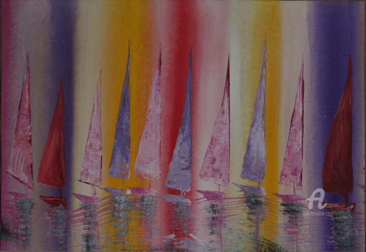 Painting titled "Rainbow Ship" by Taijul Islam, Original Artwork, Oil