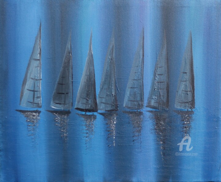 Painting titled "Snow Ships" by Taijul Islam, Original Artwork, Oil Mounted on Wood Panel