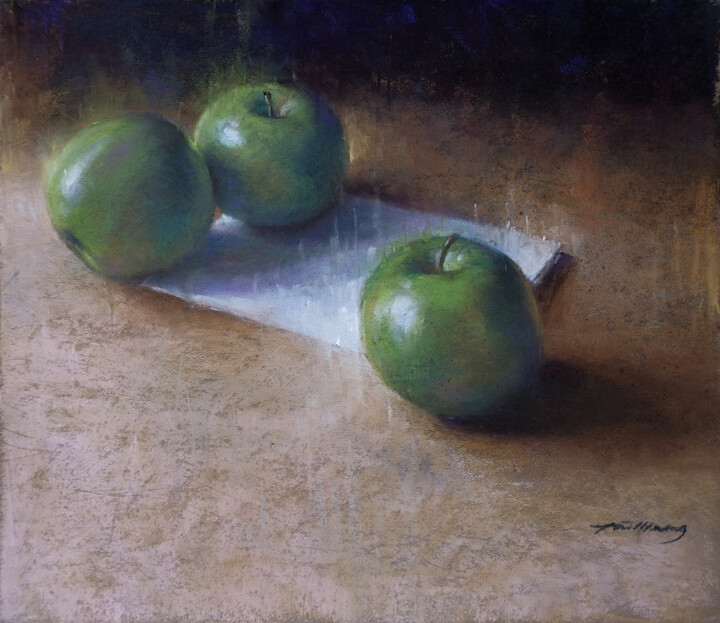 Painting titled "Three Green Apples" by Taimeng Lim, Original Artwork, Pastel