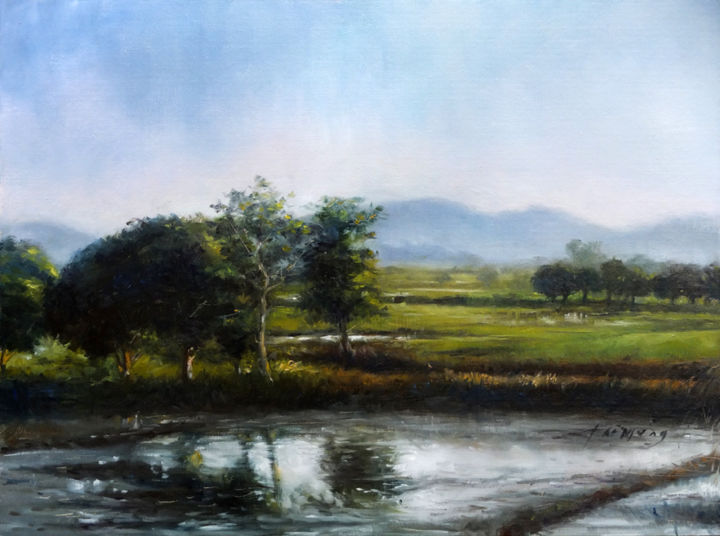 Peinture intitulée "Peaceful Reflection" par Taimeng Lim, Œuvre d'art originale, Huile
