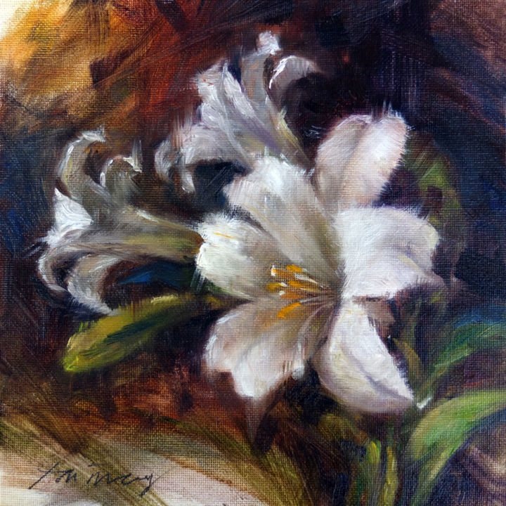 Peinture intitulée "White Lilies" par Taimeng Lim, Œuvre d'art originale, Huile