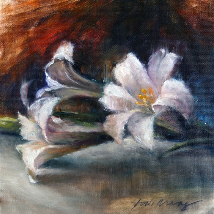 Painting titled "Lilies" by Taimeng Lim, Original Artwork, Oil